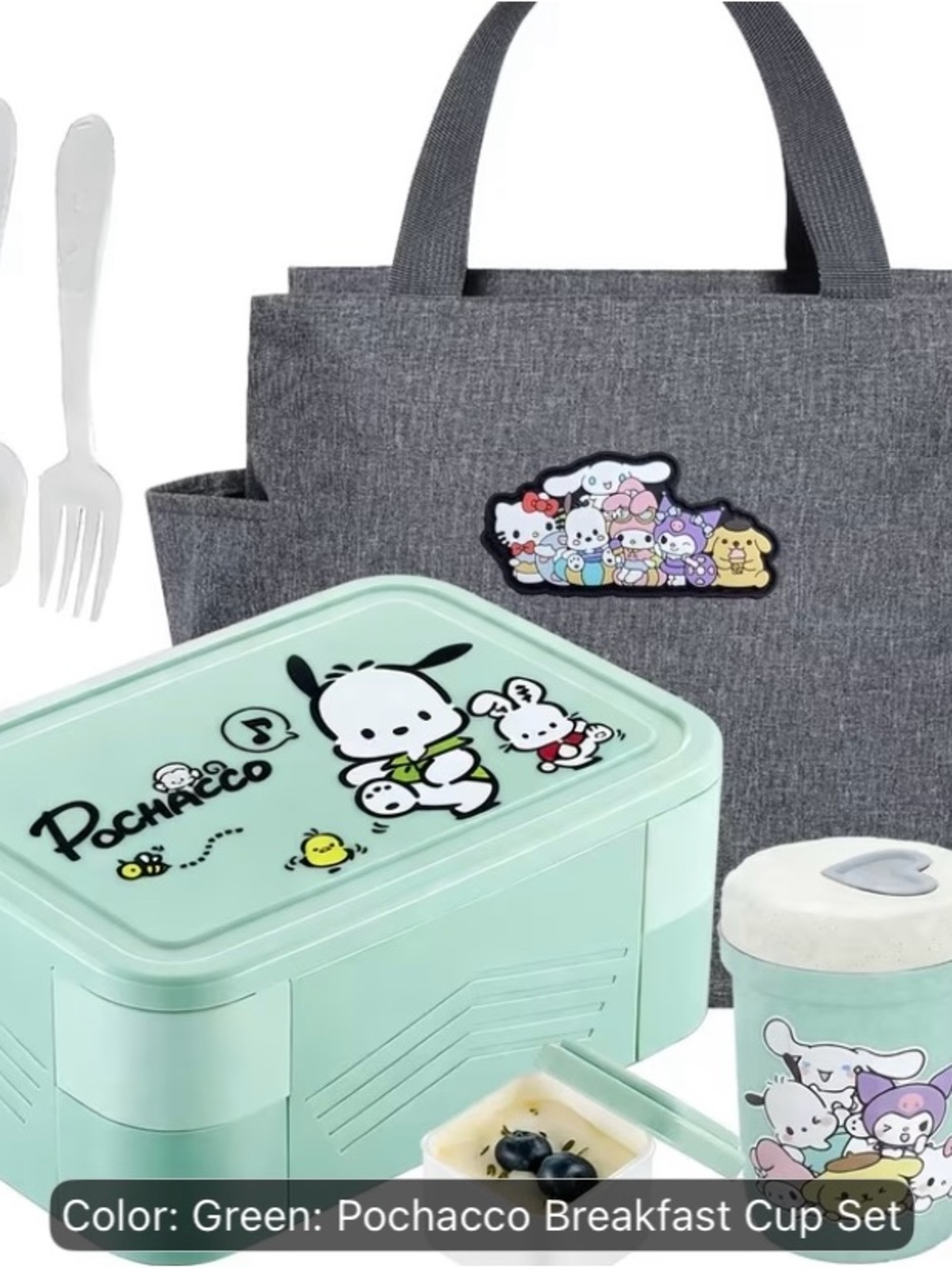 Sanrio Pochacco Mint Green Kids Lunch Set with Gray Tote